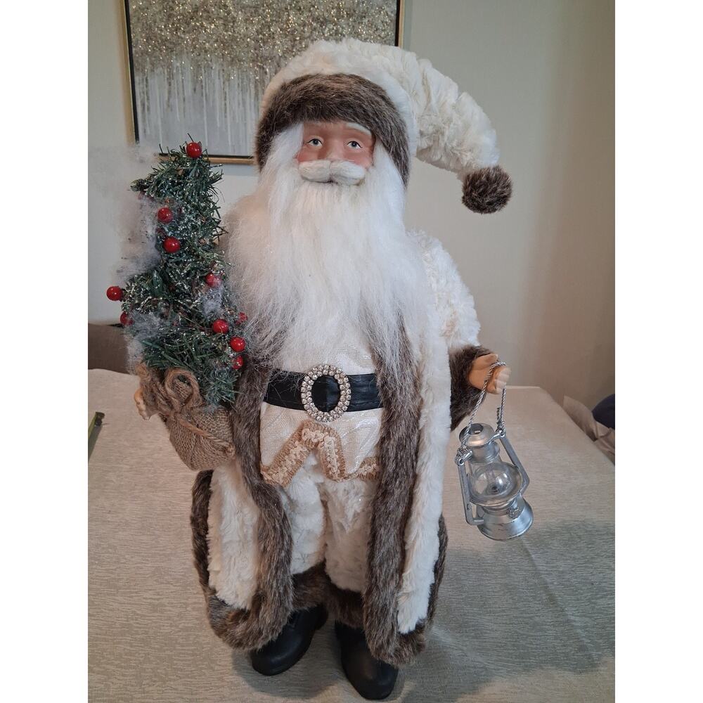 Woodland Winter White Santa Claus Figurine 19" Faux Fur Coat Lantern Tree